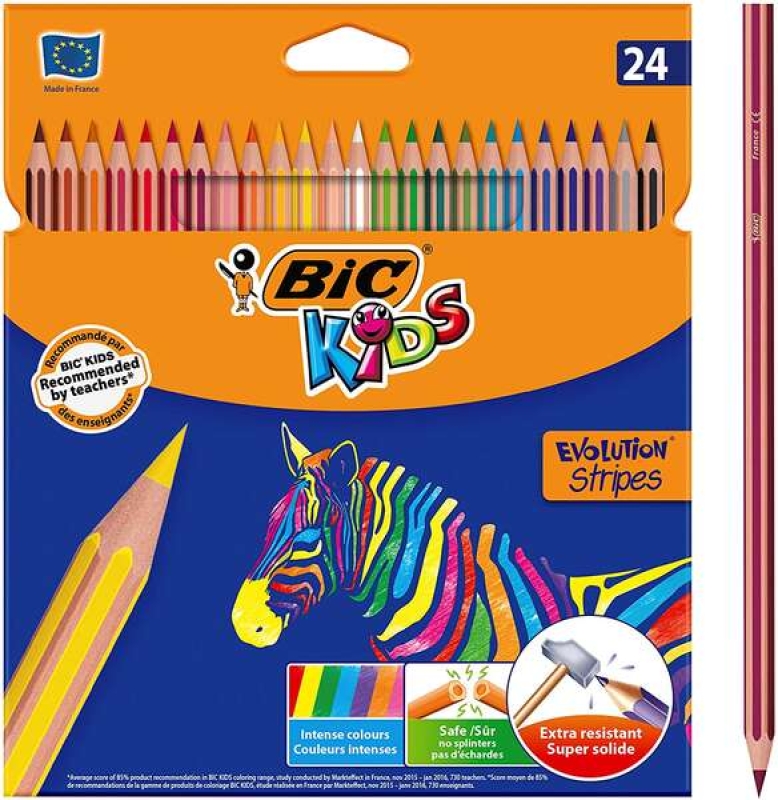 Bic Kids Evolution Stripes Lapices de Colores Lapices de colores Bic Kids Evolution Stripes, blister 24 colores surtidos. Lápices muy resistentes, fabricados con resina, sin madera. Mina de 3.20 mm, Tonos vivos y cubrientes. Recomendado por los profesores. Se les saca punta fácilmente. No se astillan. Caracteristicas: -Material: Resina -Mina de 3.20 mm -Longitud del Lapiz: 175 mm Especificaciones: -Caja de 24 ud.
