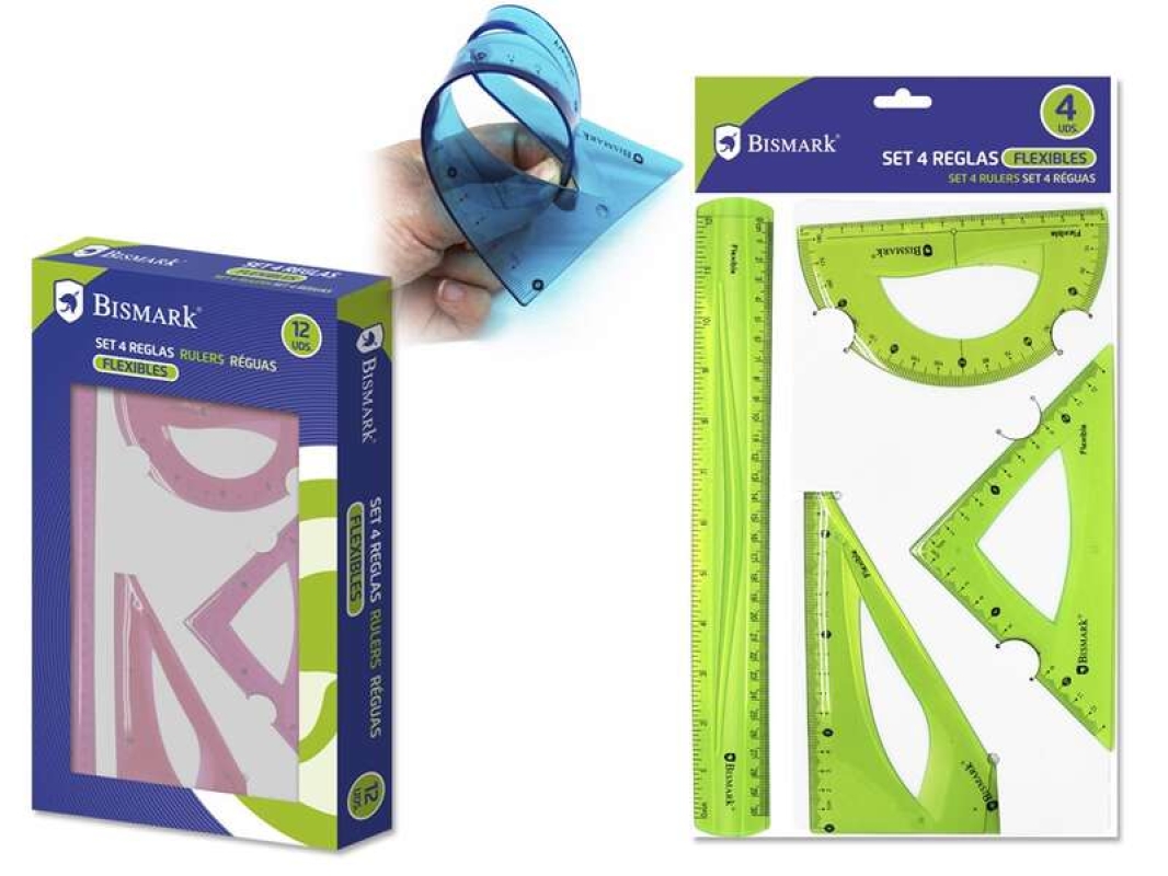 Bismark Pack de 4 Reglas Flexibles Caracteristicas: -Contiene: Regla Recta, Transportador, Escuadra y Cartabon -Colores Surtidos